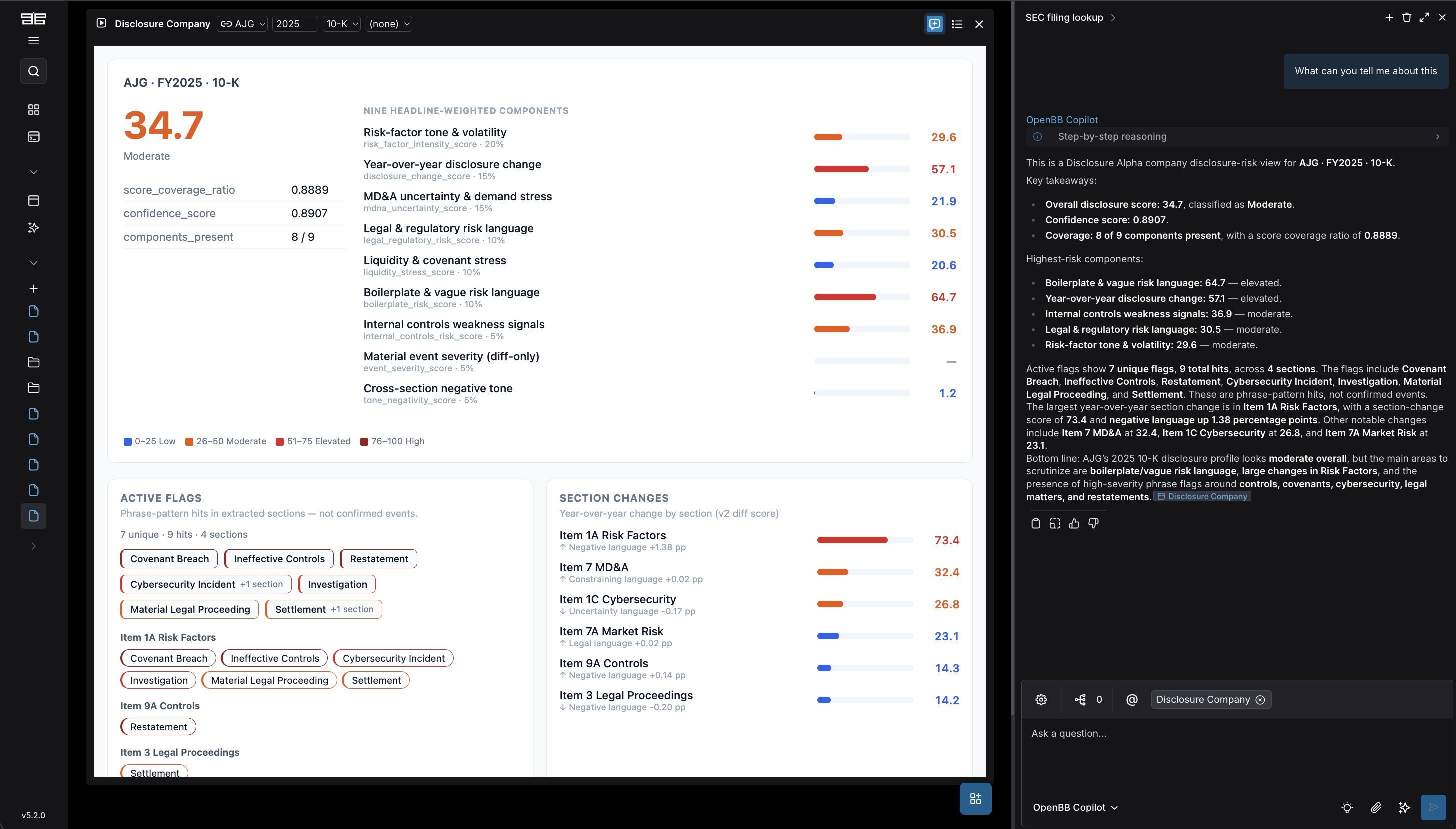 Disclosure Company widget in OpenBB Workspace showing AJG FY2025 10-K disclosure scores, active flags, section changes, and OpenBB Copilot summarizing the visible data